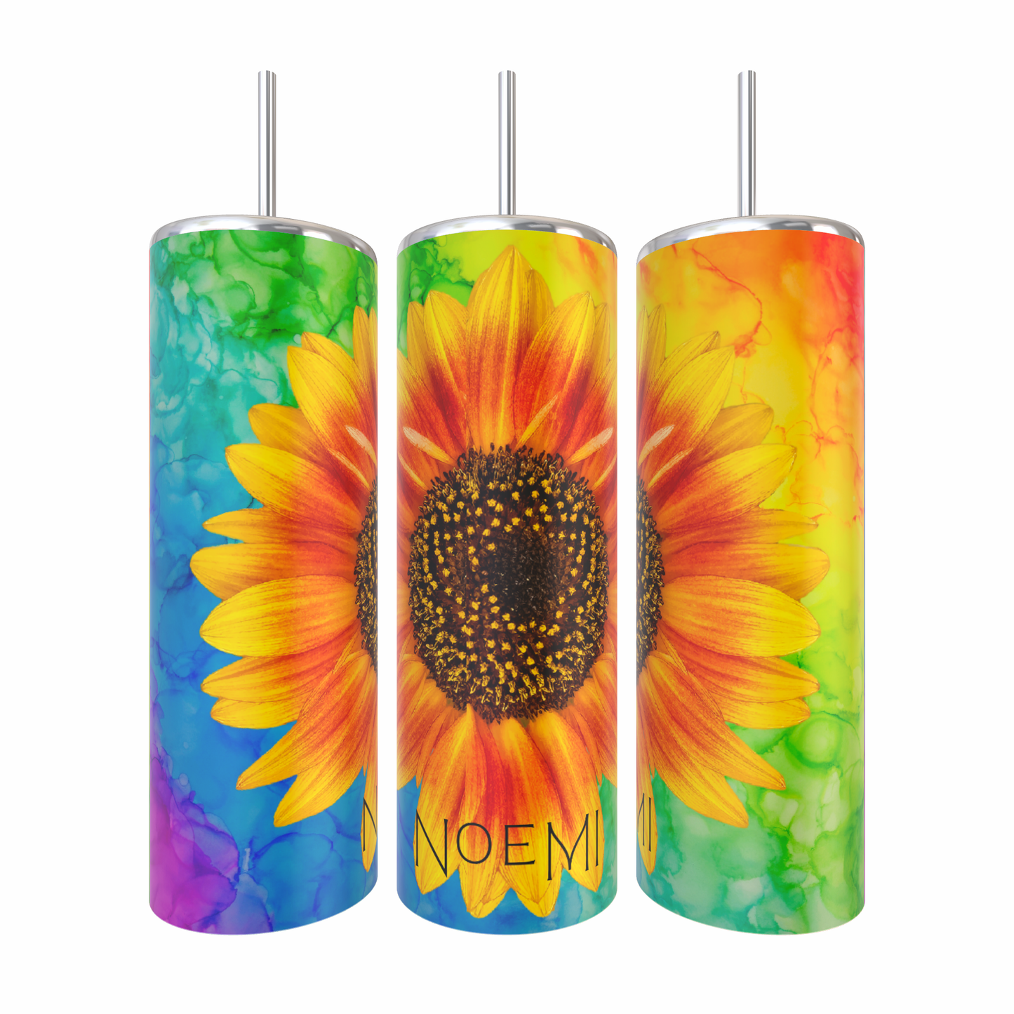 Bright rainbow and large sunflower tumbler cup. Personalized with a name at the bottom.