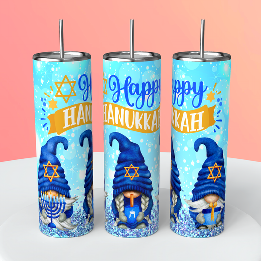 Cute hanukkah gnome tumbler cup with menorahs, dreidels and chanukiahs